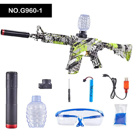 Gel Blaster - Pistolet &eacute;lectrique - Green Graffiti M4 - set complet - rechargeable - 75CM