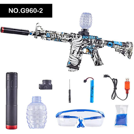 Gel Blaster- Elektrische geweer  - Blue Graffiti  M4- compleet set - oplaadbaar - 75CM