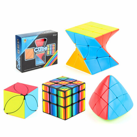 W&uuml;rfelset 4in1 - Zauberw&uuml;rfel 3x3 - Fanxin Twisty Cube - Skew-Cube - Megamorphix