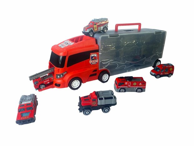 TRANSPORTEUR DE CAMION DE POMPIERS - COFFRET 6 PI&Egrave;CES - 36CM