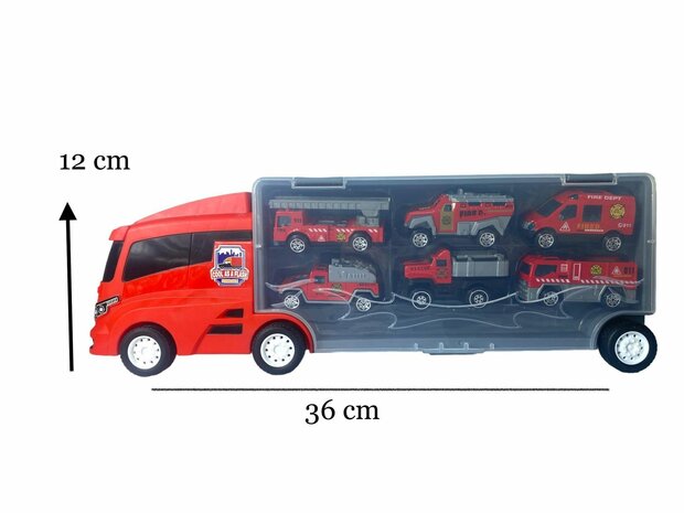 TRANSPORTEUR DE CAMION DE POMPIERS - COFFRET 6 PI&Egrave;CES - 36CM