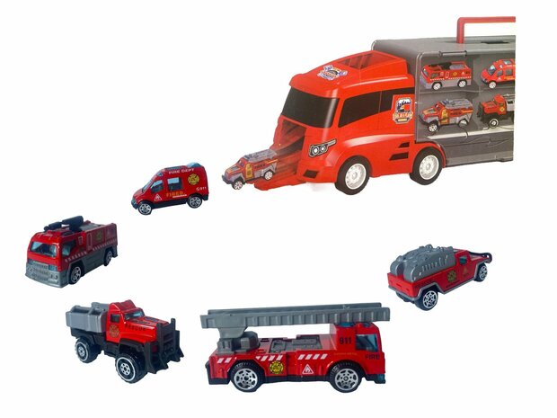 TRANSPORTEUR DE CAMION DE POMPIERS - COFFRET 6 PI&Egrave;CES - 36CM