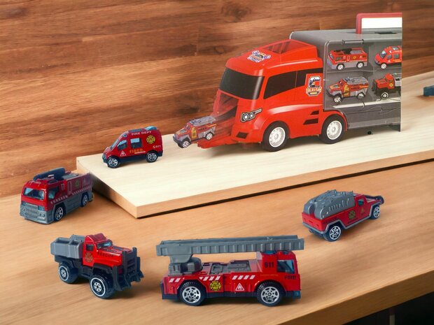 TRANSPORTEUR DE CAMION DE POMPIERS - COFFRET 6 PI&Egrave;CES - 36CM