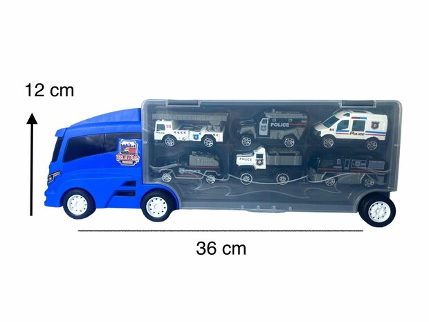 POLITIE VRACHTWAGEN TRUCK TRANSPORTER - 6-DELIG SET KOFFER - 36CM