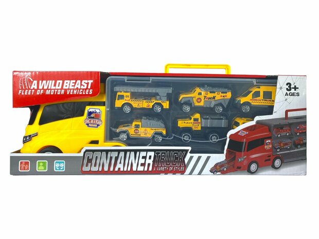 TRANSPORTEUR DE CAMIONS CAMIONS V&Eacute;HICULES DE TRAVAIL - COFFRET 6 PI&Egrave;CES - 36CM