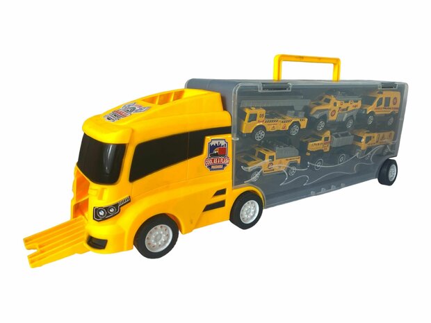 TRANSPORTEUR DE CAMIONS CAMIONS V&Eacute;HICULES DE TRAVAIL - COFFRET 6 PI&Egrave;CES - 36CM