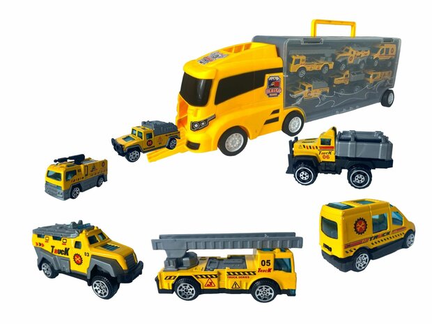 TRANSPORTEUR DE CAMIONS CAMIONS V&Eacute;HICULES DE TRAVAIL - COFFRET 6 PI&Egrave;CES - 36CM