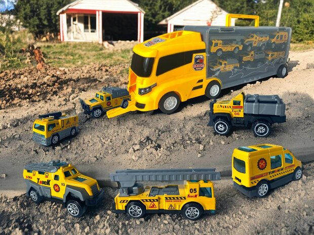 TRANSPORTEUR DE CAMIONS CAMIONS V&Eacute;HICULES DE TRAVAIL - COFFRET 6 PI&Egrave;CES - 36CM