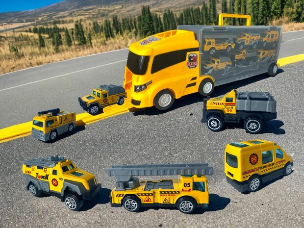 TRANSPORTEUR DE CAMIONS CAMIONS V&Eacute;HICULES DE TRAVAIL - COFFRET 6 PI&Egrave;CES - 36CM