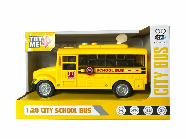 Amerikaanse schoolbus met licht en geluid 20 cm geel.