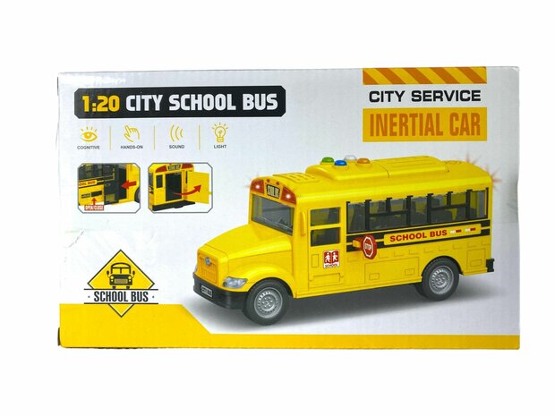 Amerikaanse schoolbus met licht en geluid 20 cm geel.