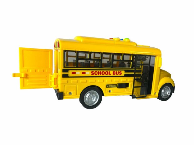 Amerikaanse schoolbus met licht en geluid 20 cm geel.