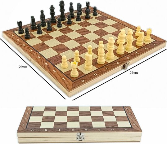 Magnetic game board - set 3in1 - schaakbord - damspel backgammon - hout - Opklapbaar 29CM