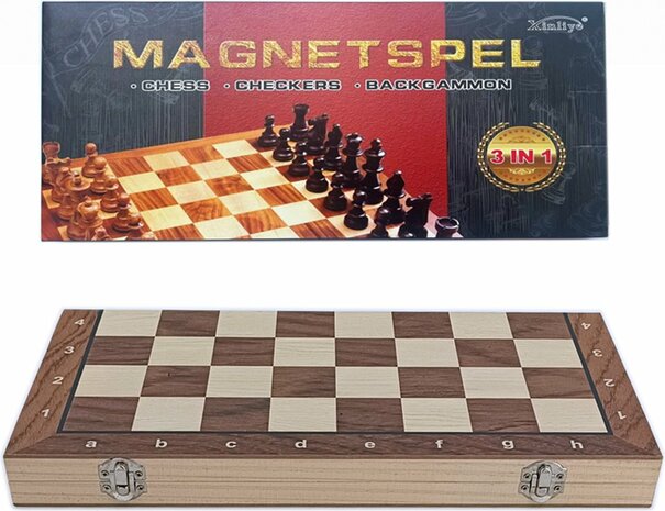 Magnetic game board - set 3in1 - schaakbord - damspel backgammon - hout - Opklapbaar 29CM