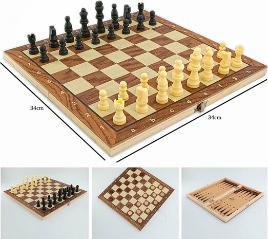 Magnetic game board - set 3in1 - schaakbord - damspel backgammon - hout - Opklapbaar 34CM