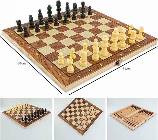 Magnetic game board - set 3in1 - chess board - checkers backgammon - wood - Foldable 34CM