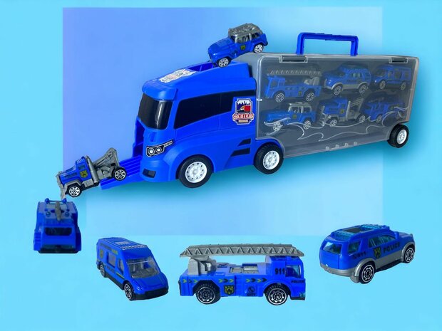 POLITIE VRACHTWAGEN TRUCK TRANSPORTER - 6-DELIG SET KOFFER - 36CM B