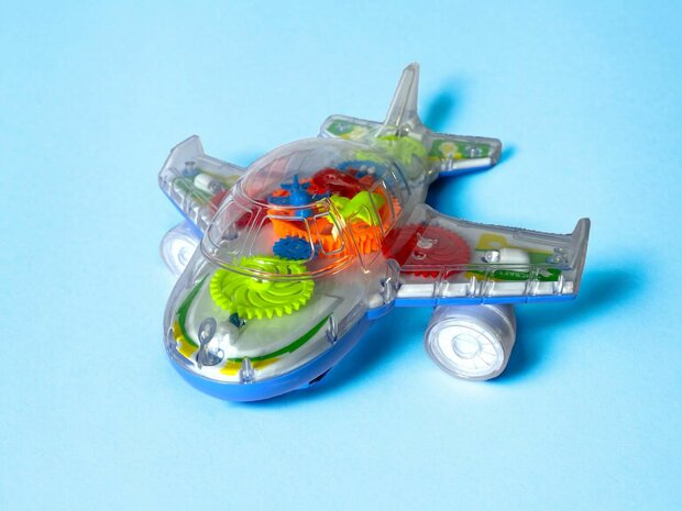 Flugzeugspielzeug Cooles transparentes Blau und Orange elektrisch 20 cm.