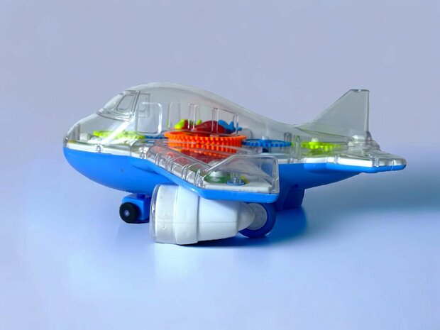 Flugzeugspielzeug Cooles transparentes Blau und Orange elektrisch 20 cm.