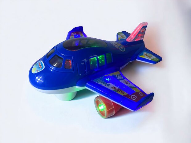 Avion lumi&egrave;res musique simulation jouet pour enfants bleu et orange 20 cm.