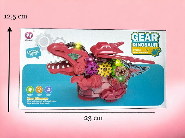 Dinosaurierspielzeug. Elektrisch transparent. Farbige Zahnr&auml;der mit Musik und Beleuchtung, 22,5 cm.