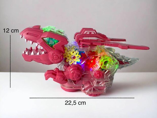 Dinosaurierspielzeug. Elektrisch transparent. Farbige Zahnr&auml;der mit Musik und Beleuchtung, 22,5 cm.