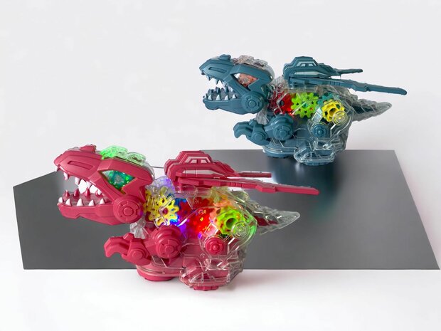 Dinosaurusspeelgoed Elektrisch transparant Gekleurde tandwielen met muziek en verlichting 22.5cm.