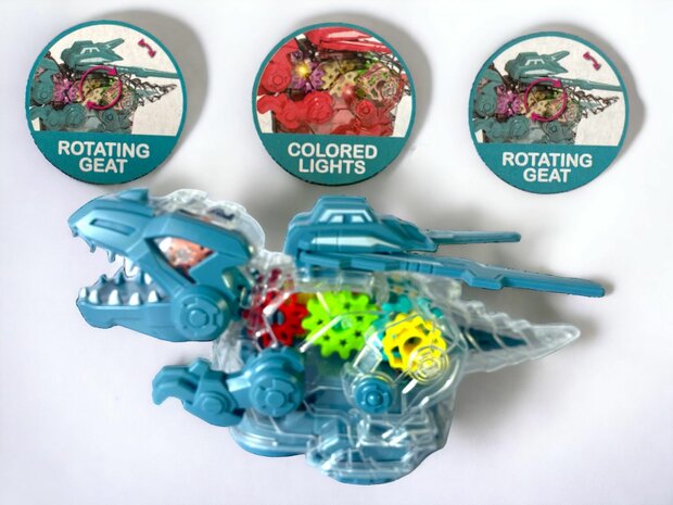 Jouet dinosaure &Eacute;lectriquement transparent Engrenages color&eacute;s avec musique et &eacute;clairage 22,5 cm.