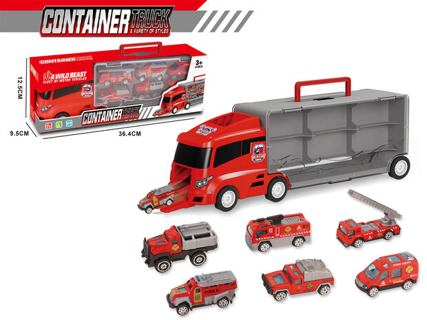 BRANDWEER VRACHTWAGEN TRUCK TRANSPORTER - 6-DELIG SET KOFFER - 36CM