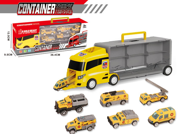 TRANSPORTEUR DE CAMIONS CAMIONS V&Eacute;HICULES DE TRAVAIL - COFFRET 6 PI&Egrave;CES - 36CM