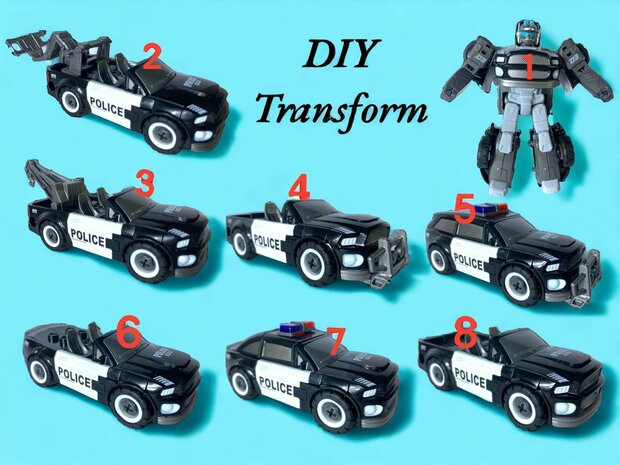 TRANSFORM DIY MECHA POLITIEAUTO SPEELGOED, TRANSFORM 8 KARAKTERS,  AUTO SPEELGOED 2 IN 1D 17cm.