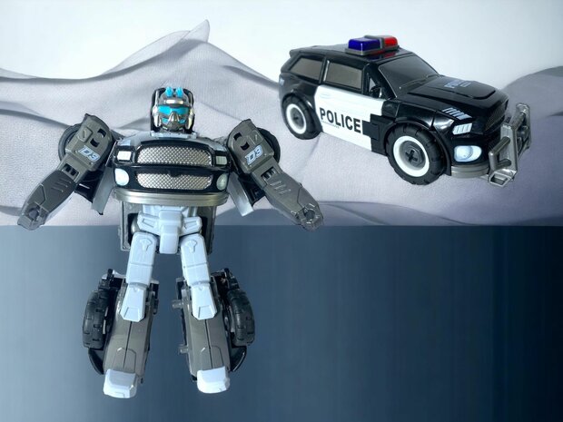 TRANSFORM DIY MECHA POLITIEAUTO SPEELGOED, TRANSFORM 8 KARAKTERS,  AUTO SPEELGOED 2 IN 1D 17cm.