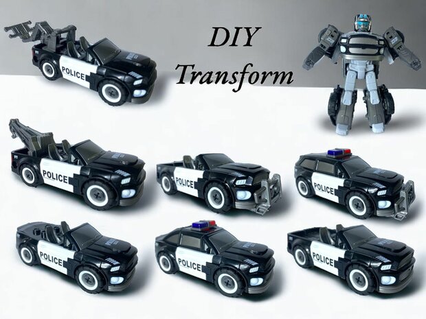 TRANSFORM DIY MECHA POLITIEAUTO SPEELGOED, TRANSFORM 8 KARAKTERS,  AUTO SPEELGOED 2 IN 1D 17cm.