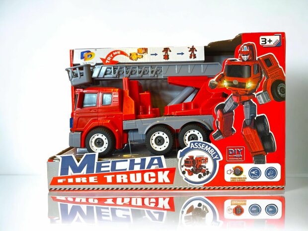 Verwandeln Sie den DIY-Feuerwehrauto-Roboter mit Licht und Ton, 26 cm