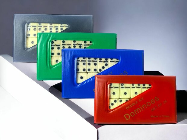 Jeu de dominos double/double 6 dans un &eacute;tui portefeuille et 28x pierres color&eacute;es