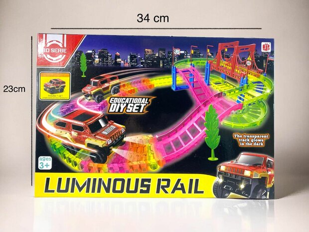 Luminous Rail Car Track Bend Flex and Glow tracks - 85 pieces, Plastic Magic 10 feet long flexible tracks car play set for kids