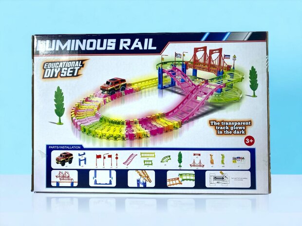 Luminous Rail Car Track Bend Flex and Glow tracks - 85 pieces, Plastic Magic 10 feet long flexible tracks car play set for kids