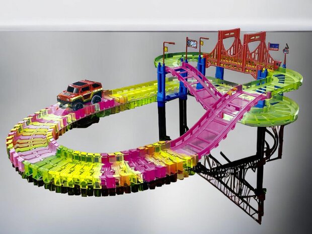 Pistes flexibles et lumineuses de piste de voiture ferroviaire lumineuse - 85 pi&egrave;ces, ensemble de jeu de voiture en plastique magique de 10 pieds de long pour enfants