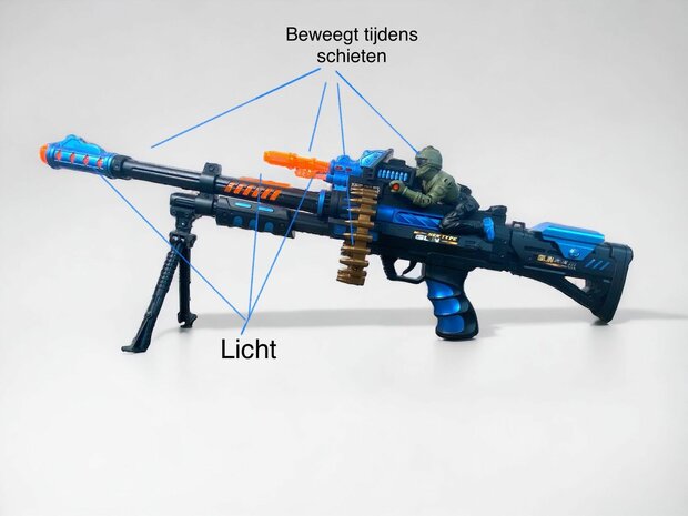 Toy gun - with rotating bullet belt - LED light, shooting sounds and vibration function - 69CM