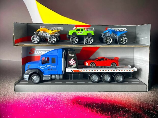 Vrachtwagen speelgoed met oplegger + 4 stuks Mini auto&#039;s - 36.2 CM