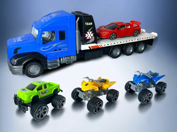 Vrachtwagen speelgoed met oplegger + 4 stuks Mini auto&#039;s - 36.2 CM