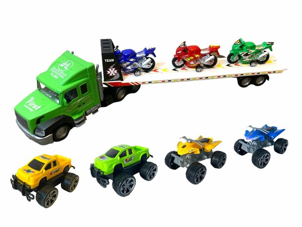 Speelgoed Vrachtwagen  met oplegger + 7 stuks mini voertuig - 57 CM