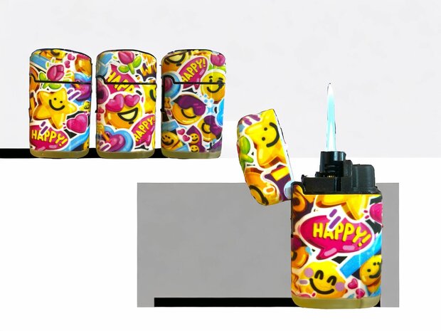 Jet Flame aanstekers - turbo vlam - 20 stuks in display - 360&deg; Happy Smiley print - soft touch