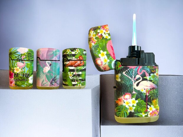 Jet Flame turbo aanstekers - 20 stuks in display - 360&deg; Flamingo print branders - soft touch