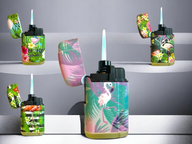 Jet Flame turbo aanstekers - 20 stuks in display - 360&deg; Flamingo print branders - soft touch