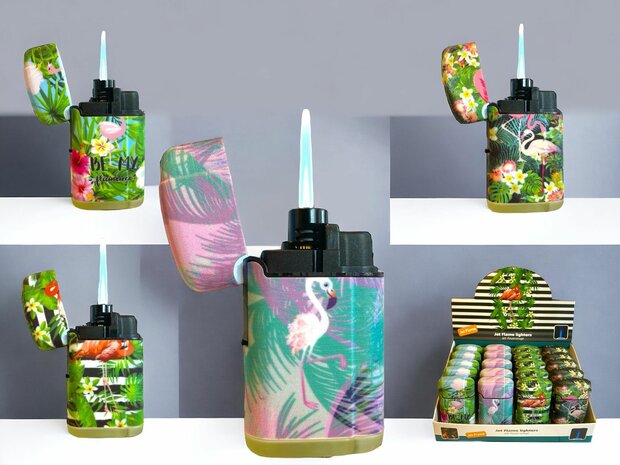 Jet Flame turbo aanstekers - 20 stuks in display - 360&deg; Flamingo print branders - soft touch