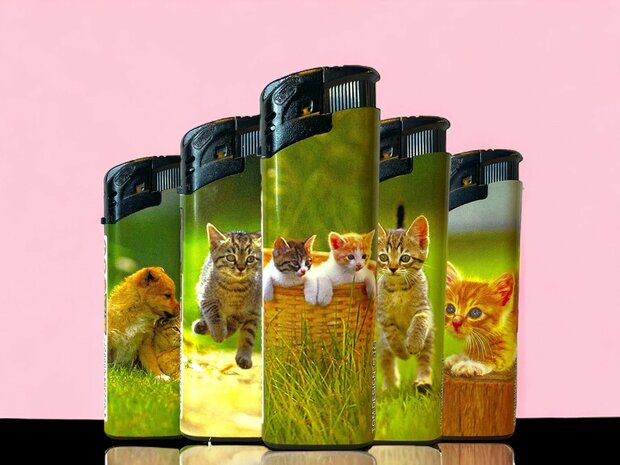 Aanstekers -  50 stuks in tray - kattenprint - navulbaar en klik - Tom lighter