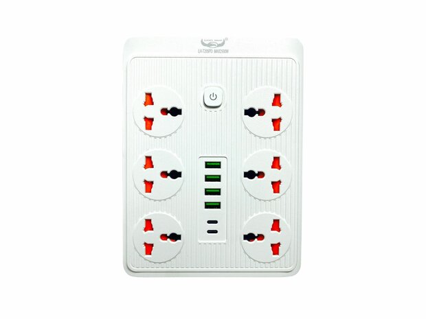 Premium Stekkerdoos met 6 Stekkers en 6 USB ingangen + 2 USB-C 20W Snellader 185 cm Kabel - Geschikt voor EU, UK, US | Aan/uit schakelaar