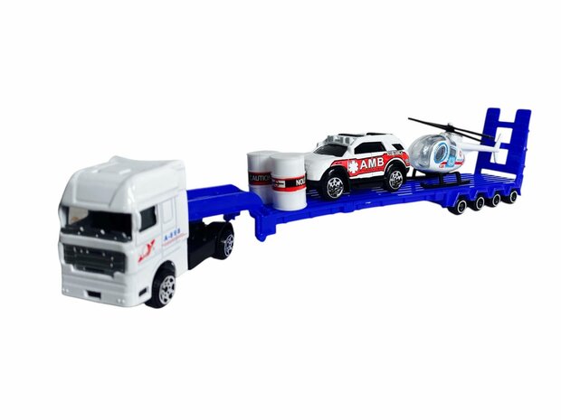 Vrachtwagen Ambulance + auto en helikopter - DIE-CAST - autotransporter + 2 mini auto&#039;s 3in1