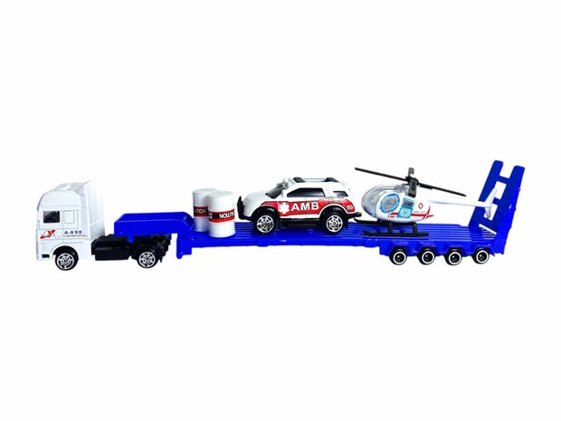 Vrachtwagen Ambulance + auto en helikopter - DIE-CAST - autotransporter + 2 mini auto&#039;s 3in1